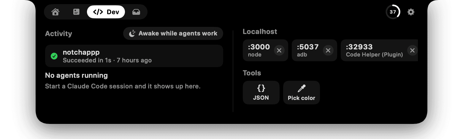 The Dev tab in the open notch